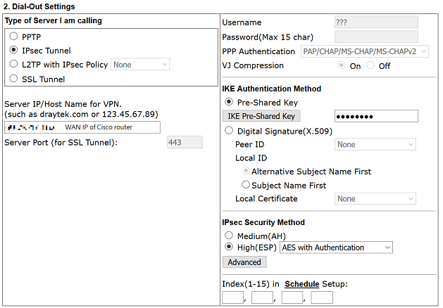 a screenshot of IPsec Dial-Out Settings on Vigor Router